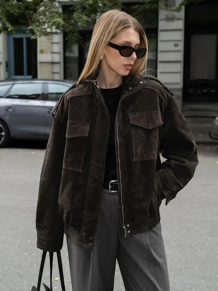 HH Women's New Fashion Long Sleeves Jackets Solid Turtleneck Pocket Decoration Zipper Female Autumn High Street Coats