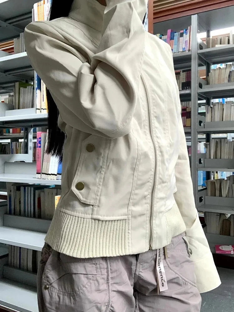 Vintage Stand Collar Women Jacket Y2K American Streetwear Slim Motorcycle Coats Female Gothic All Match Zipper Outerwear New