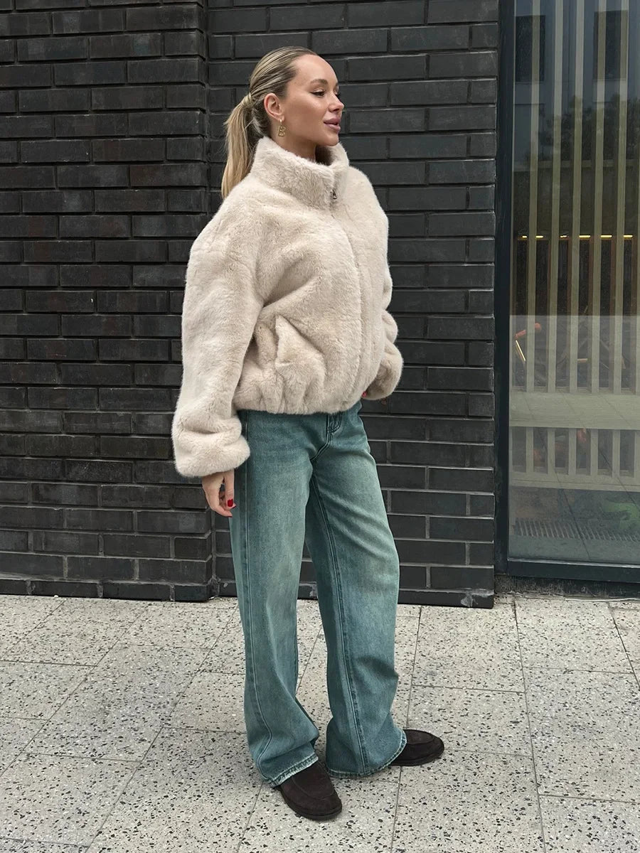 Blubelle New Women's Faux Fur Jacket Zipper Warm Plush Coat Oversized Soft Fluffy Stand Up Collar Autumn Winter Casual Jacket