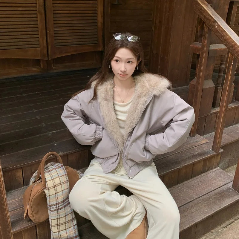 Winter Warm Clothing Women Y2K Retro Simple Plush Coat Sportswear New Loose Leather Motorcycle Punk Fur Collar Jacket Couple