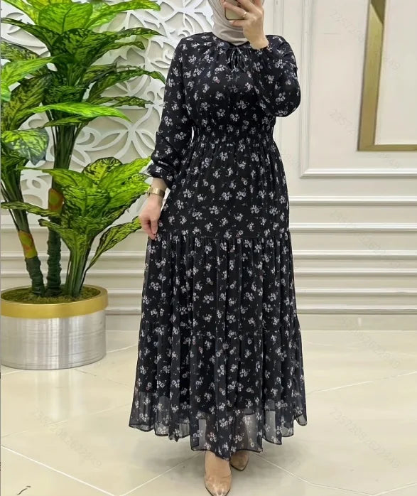 Fashion Muslim Chiffon Flowers Printing Dress High Waist Muslim Dress Abaya Woman Clothing Female Jalabiya