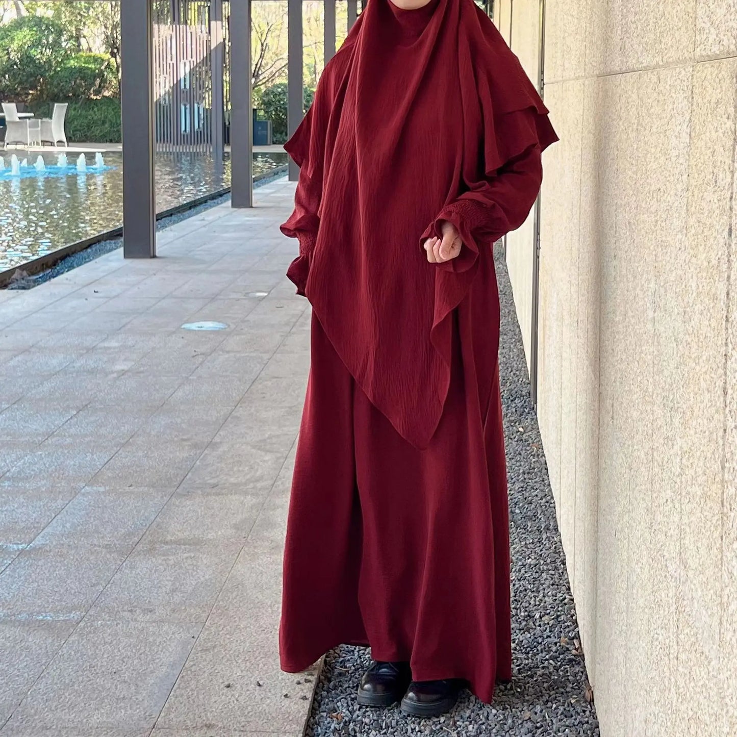 2 Pcs Muslim Set  New Sweet Solid Color Long Dress+Single Layer Shawl Suit  Abaya and Khimar Set Jilbab 2 Pcs Ramadan Long Hijab
