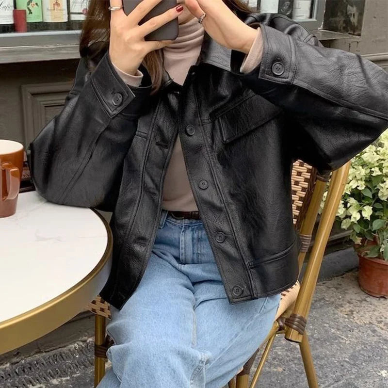 Fashion Single Breasted Jacket for Women Black Camel Pu Leather Jacket Woman Comfort Turn Down Collar Faux Leather Coats Lady