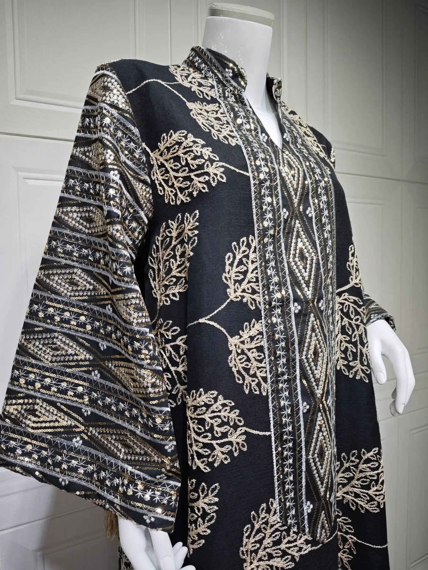 Muslim Women's Light Blue Islamic Embroidered Abaya with Gold Detailing Ideal for Formal Events in Middle East like UAE Saudi