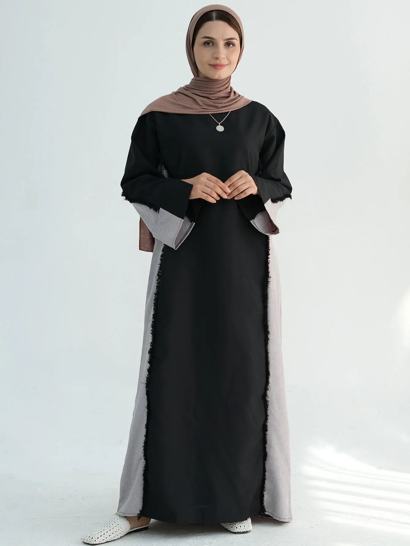 New Trend Contrast Color Women Dresses Modest Abaya Muslim Women Dress Linen Frayed Closed Abaya Ramadan EID Dubai Abaya 2025