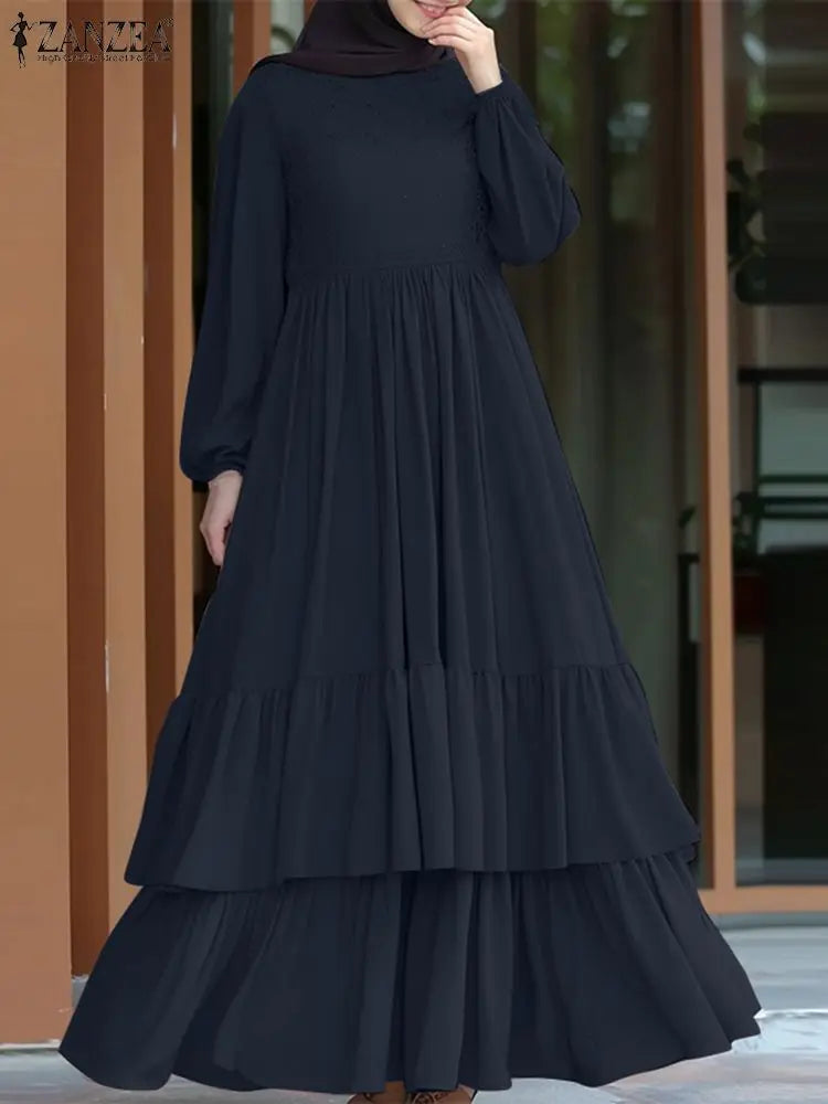 ZANZEA Elegant Women Autumn Long Sleeve Muslim Abaya Hijab Sundress IsIamic Robe Femme Maxi Long Dresses Patchwork Vestidos 2024