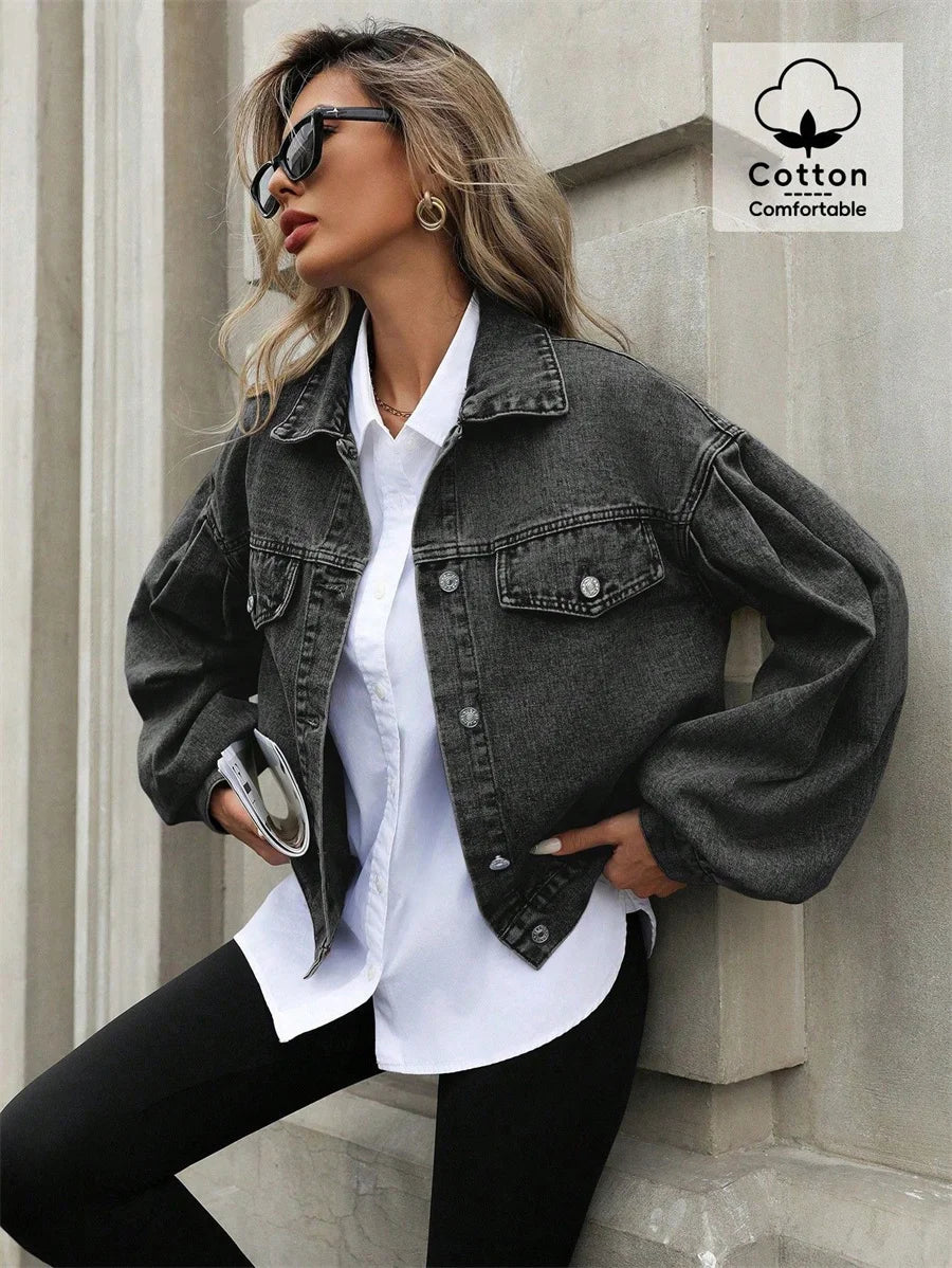 Benuynffy 2025 Autumn Vintage Lantern Sleeve Denim Jacket Women's Casual Streetwear Single Breasted Loose Short Jean Jackets