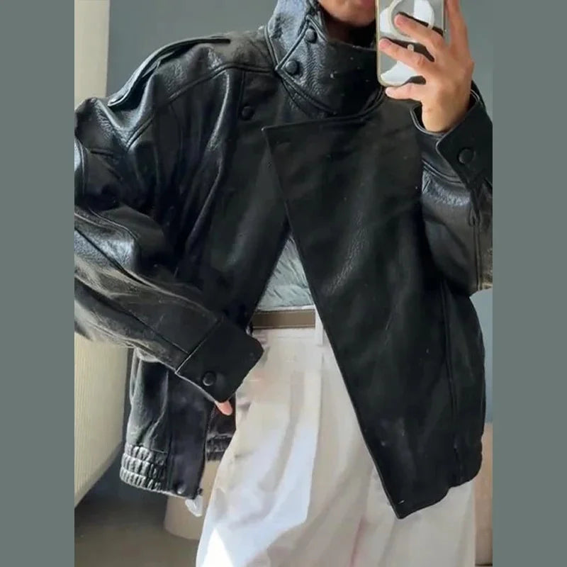 Street PU Leather Loose Jacket Women Fashion Solid Full Sleeve Stand Collar Single Breasted Coats Female 2025 Autumn Lady Coat