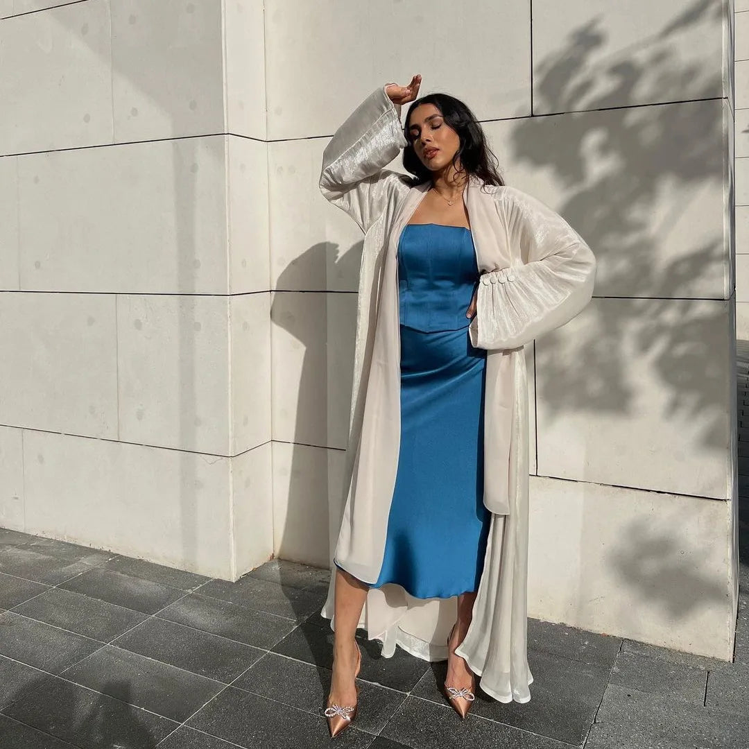 Eid Silky Abayas for Women Muslim Jalabiya Ramadan Robe Dress Button Sleeve Ramadan Caftan Party Dresses Vestido Largo Cardigan