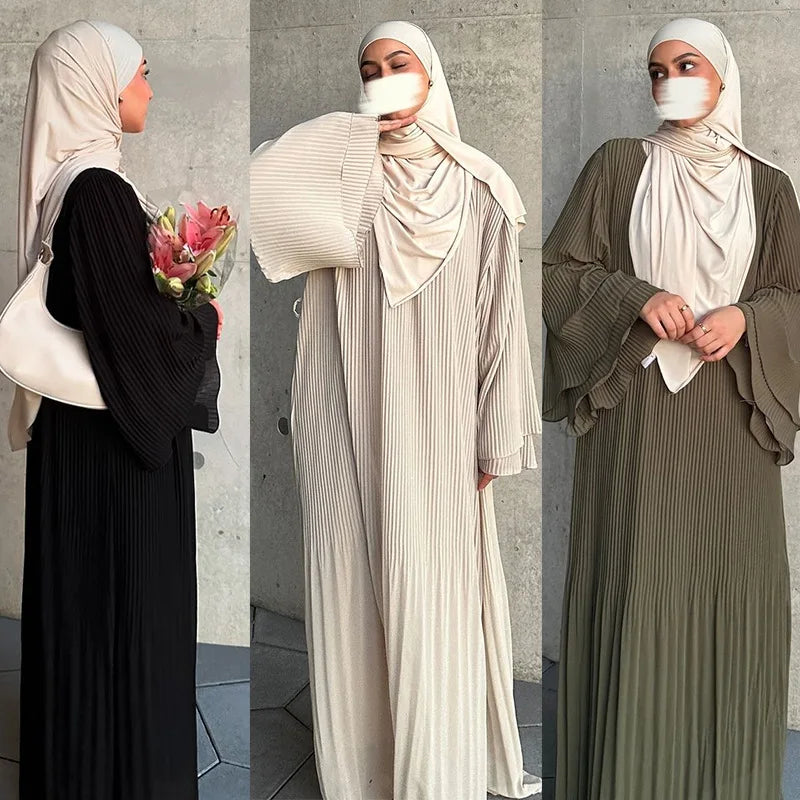 Eid Muslim Dress for Women Pleated Flare Sleeve Jalabiya Kaftan Islam Vestidos Arab Long Robe Ramadan Morocco Dubai Abayas 2024
