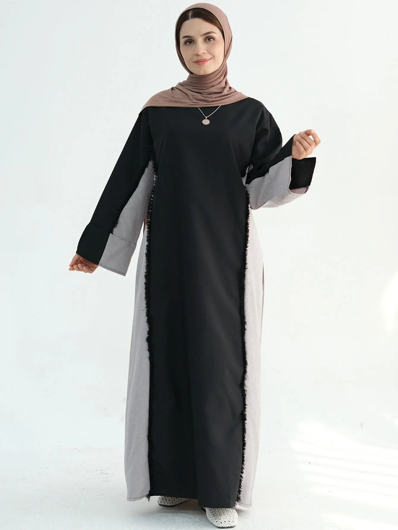 New Trend Contrast Color Women Dresses Modest Abaya Muslim Women Dress Linen Frayed Closed Abaya Ramadan EID Dubai Abaya 2025