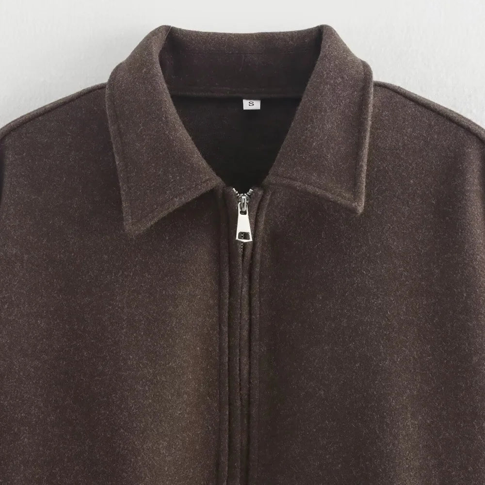 TRZA Women's Oversized Woolen Jacket Coat Long Sleeve Front Zipper Chic Outerwear with Pockets Fashion Top