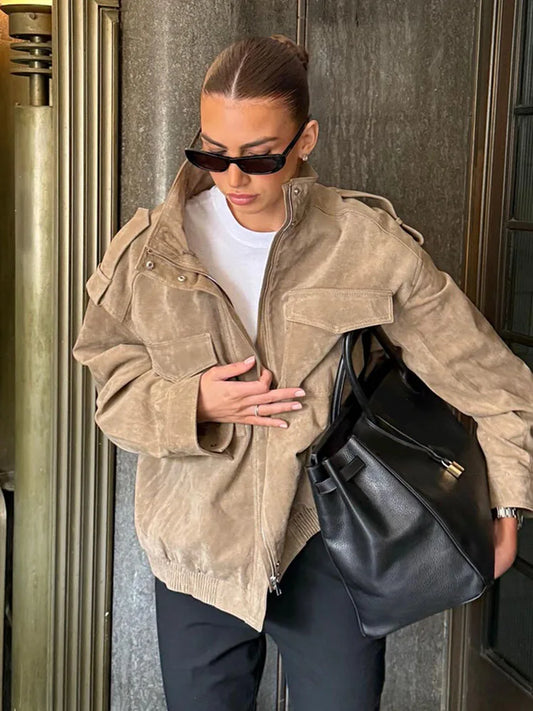 HH Women's New Fashion Long Sleeves Jackets Solid Turtleneck Pocket Decoration Zipper Female Autumn High Street Coats