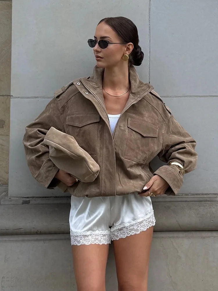 HH Women's New Fashion Long Sleeves Jackets Solid Turtleneck Pocket Decoration Zipper Female Autumn High Street Coats