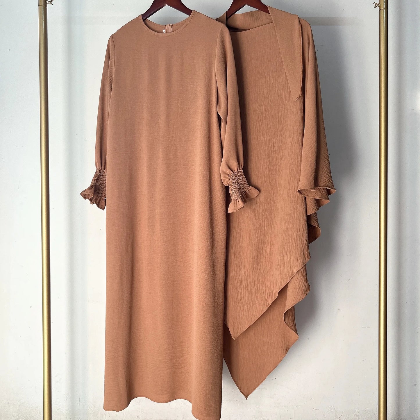 2 Pcs Muslim Set  New Sweet Solid Color Long Dress+Single Layer Shawl Suit  Abaya and Khimar Set Jilbab 2 Pcs Ramadan Long Hijab