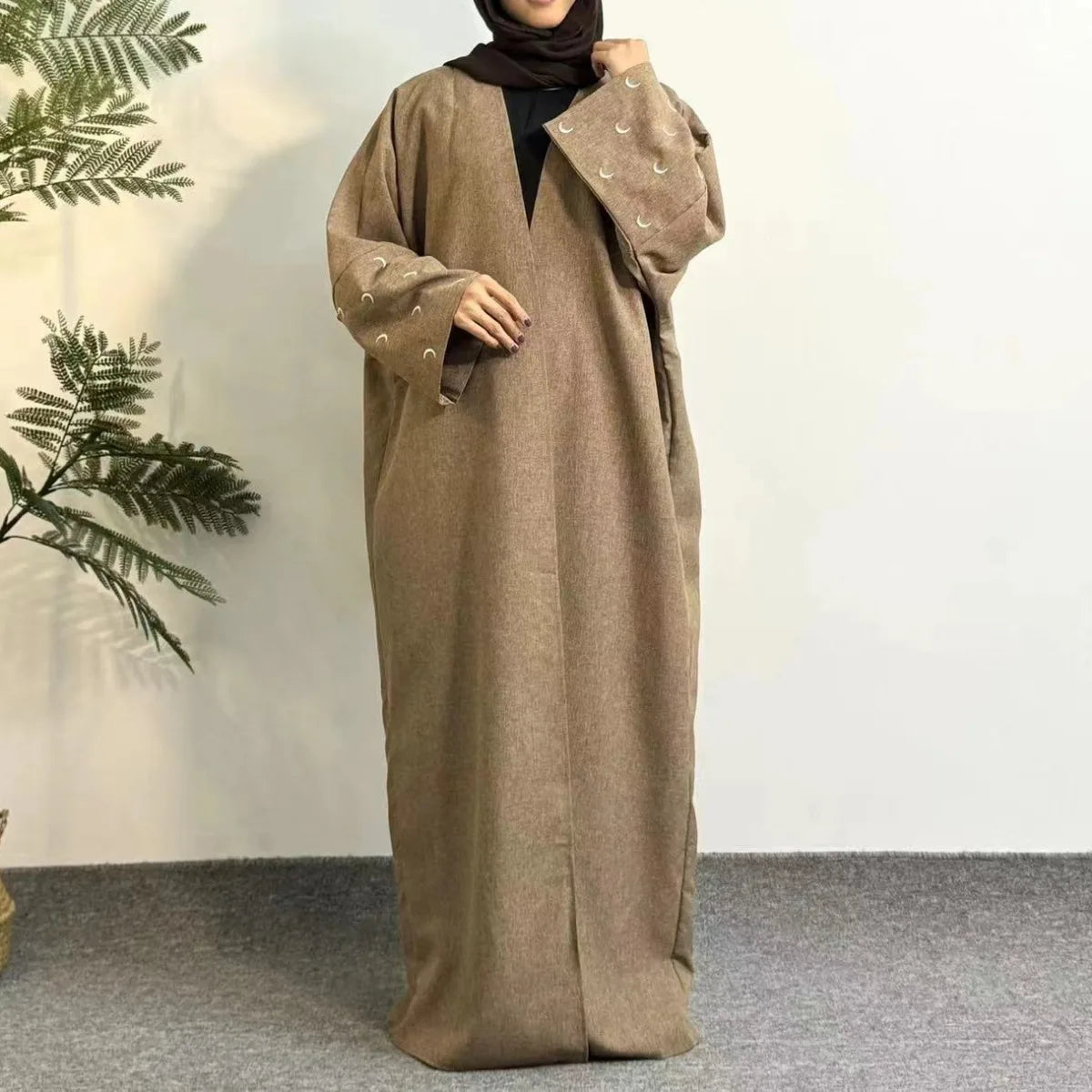 Moon Embroidery Open Front Abaya,Long Sleeve Maxi Length Dress Women's Clothing Muslim Cardigan Abayas Out Kaftans Women Jilbabs