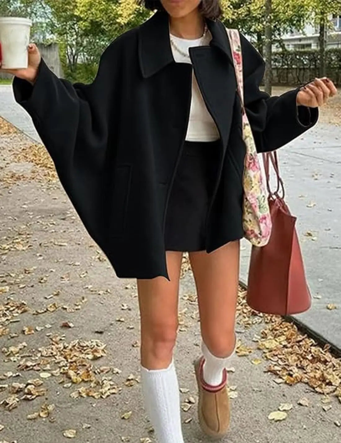 ZBZA Women's Oblique Button Loose Batwing Sleeve Jacket Coat Lapel Double Pocket Warm Solid Vintage Outerwear Fall Winter Coat