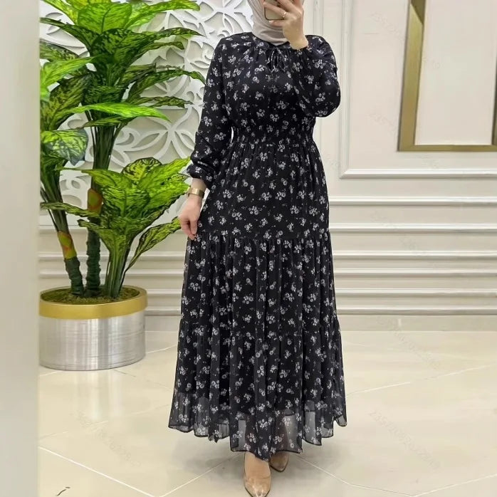 Fashion Muslim Chiffon Flowers Printing Dress High Waist Muslim Dress Abaya Woman Clothing Female Jalabiya