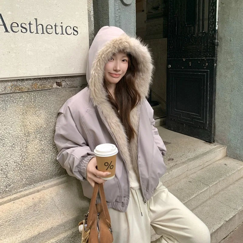 Winter Warm Clothing Women Y2K Retro Simple Plush Coat Sportswear New Loose Leather Motorcycle Punk Fur Collar Jacket Couple