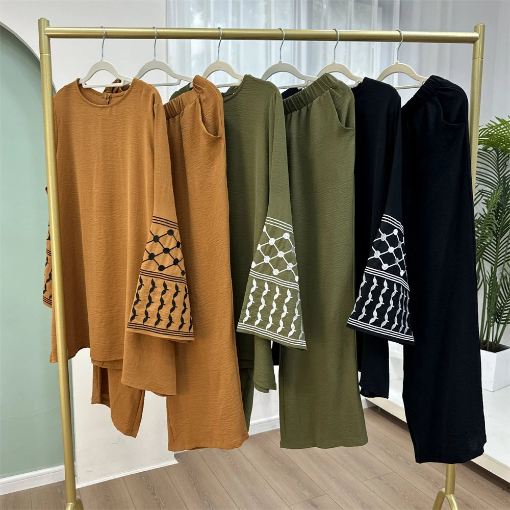 Eid Plain 2 Piece Abaya Set Tops Pants Modest Muslim Sets Abayas For Women Clothing Robe Caftan Marocain Femme Musulmane Kaftan