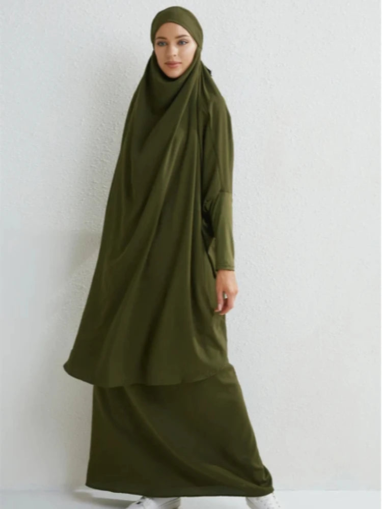 Muslim Sets Two Pieces Prayer Clothing Long Hooded Smocking Sleeve Shirts Hijab Loose Maxi Skirts Elastic Waist Women Abaya Sets