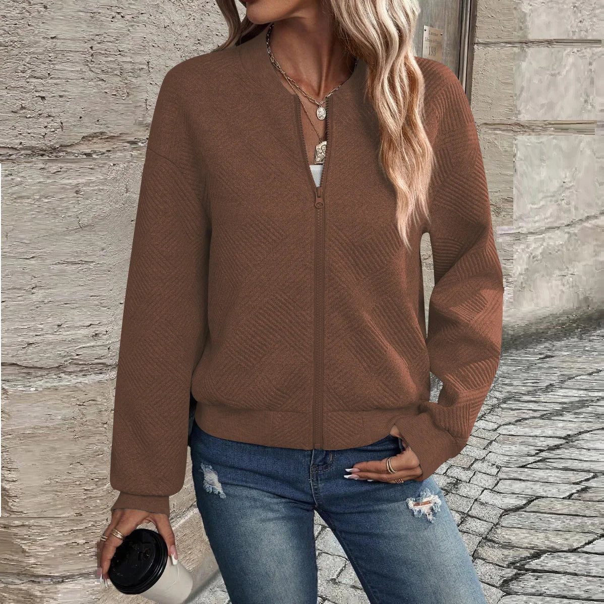Women's autumn and winter new solid color simple and exquisite zipper jacket baseball collar casual jacket
