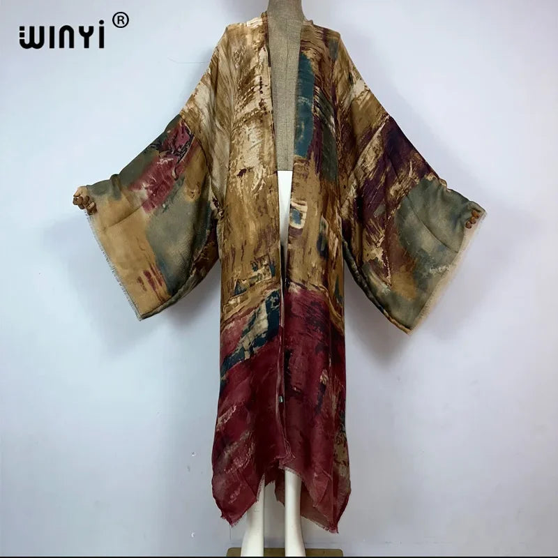 WINYI fashion Kimono Print coat Long Sleeve Cardigan abaya muslim woman Cover Up boho dress kaftan abaya dubai luxury caftan