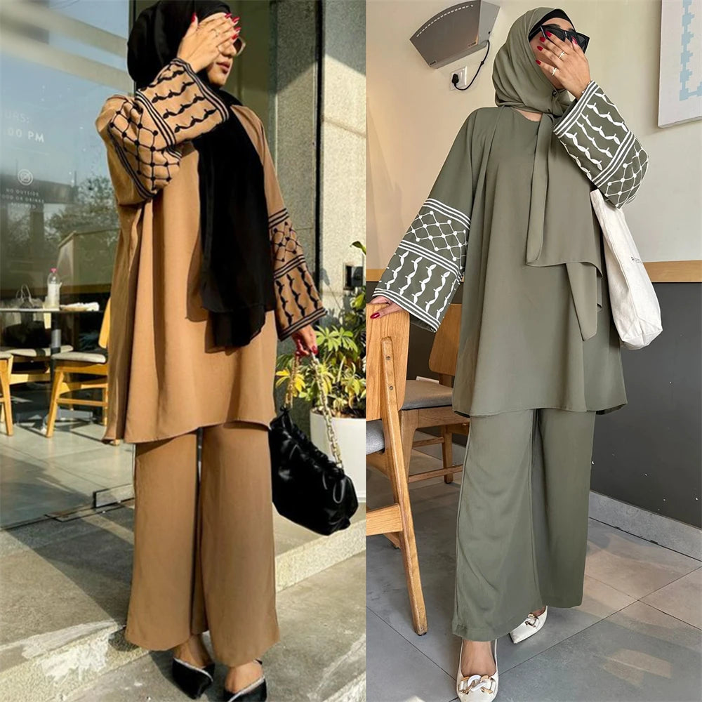 Eid Plain 2 Piece Abaya Set Tops Pants Modest Muslim Sets Abayas For Women Clothing Robe Caftan Marocain Femme Musulmane Kaftan