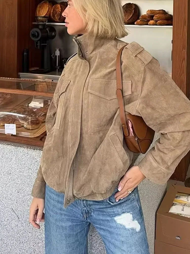 HH Women's New Fashion Long Sleeves Jackets Solid Turtleneck Pocket Decoration Zipper Female Autumn High Street Coats