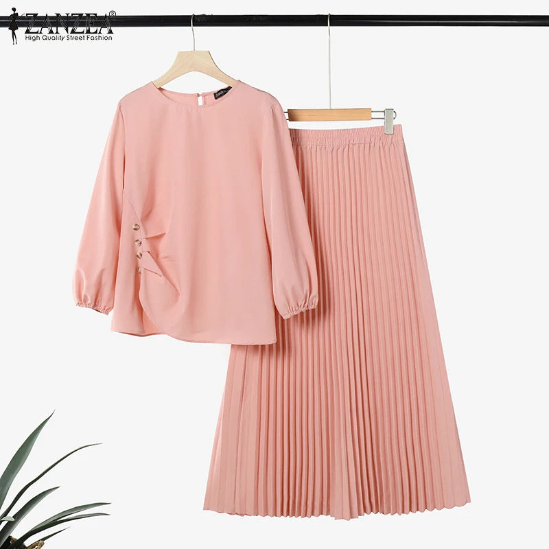 ZANZEA Muslim Woman 2 Piece Sets Islamic Fashion Ruched 3/4 Sleeve Tops Pleated Maxi Skirts 2PCS Outfits Solid Color Skirt Sets