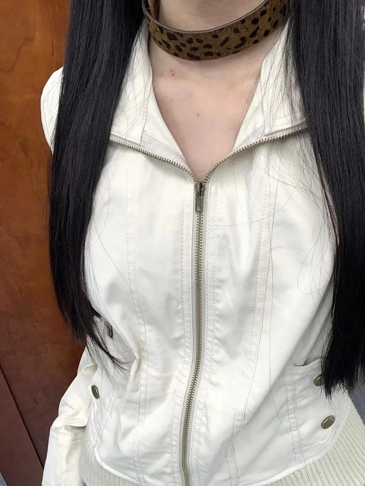 Vintage Stand Collar Women Jacket Y2K American Streetwear Slim Motorcycle Coats Female Gothic All Match Zipper Outerwear New