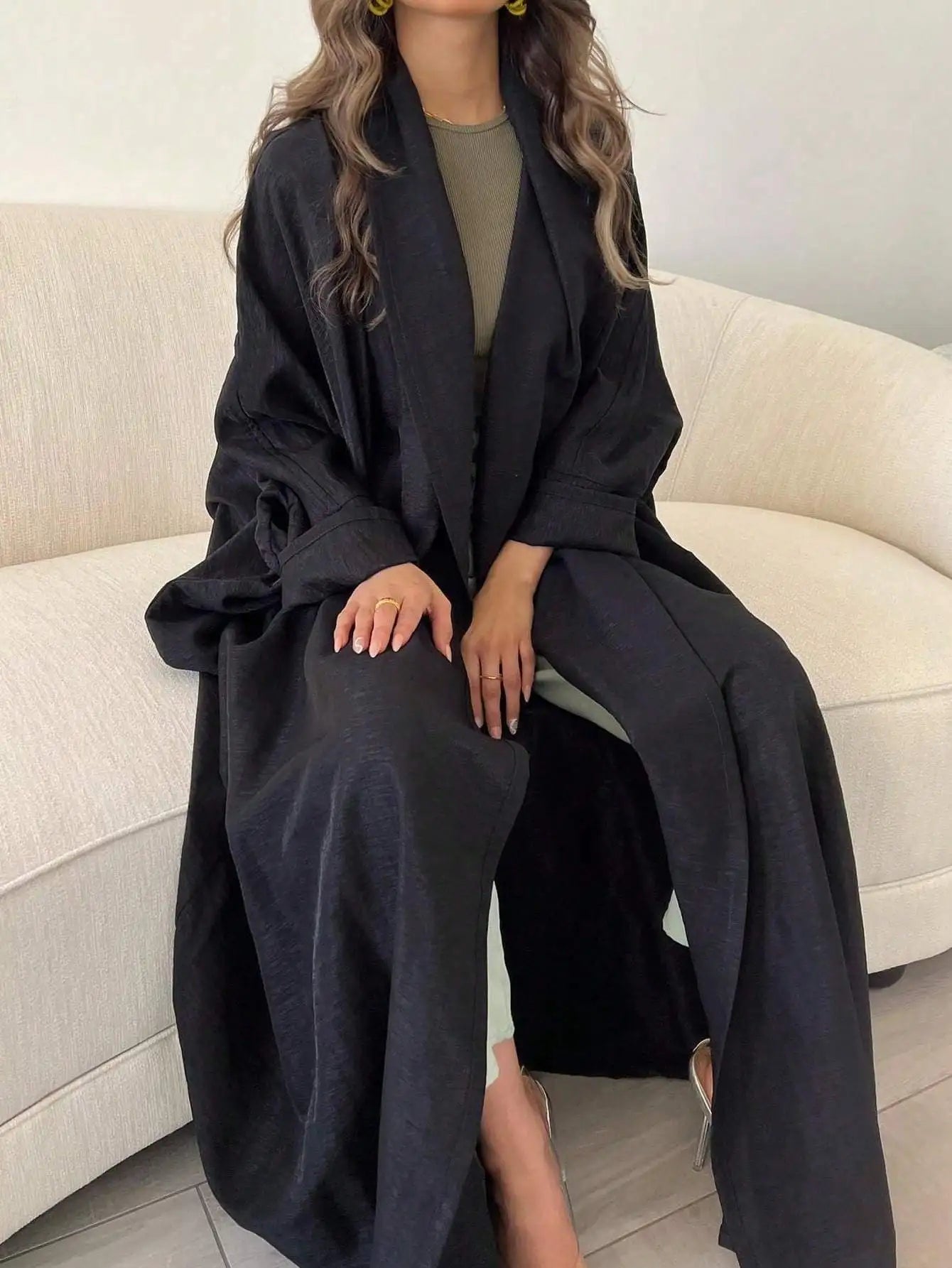 Full Sleeve Solid Loose Abaya Muslim Women Open Front Abayas Casual Kaftans Maxi Dresses Jilbabs Middle-East Ethnic Clothing