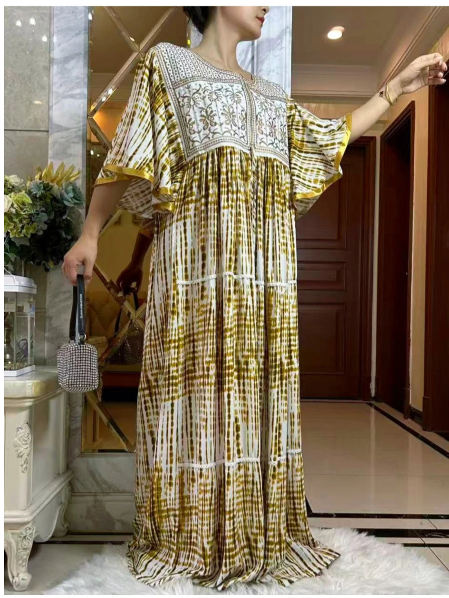2025 New Muslim Abaya Summer Dress Short Sleeve Collect Waist Floral Loose Boubou Maxi Islam Women Dress African Abaya Clothing