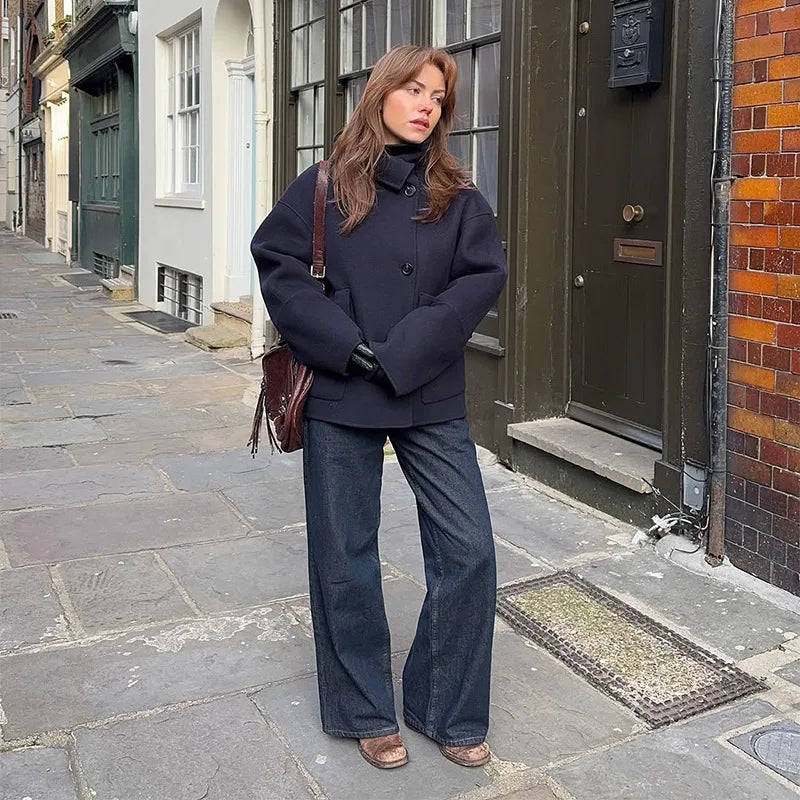 2025 Autumn Winter Stand Collar Coat Women Big Pockets Wool Blend Long Sleeve Single-breasted Thick Jacket Female Lady Outwears