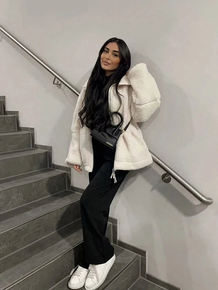 Fashion Women's Lamb's Wool White Coat Winter Fleece Reversible Lapel Coat Simple Loose Teddy Velvet Long Sleeve Jacket