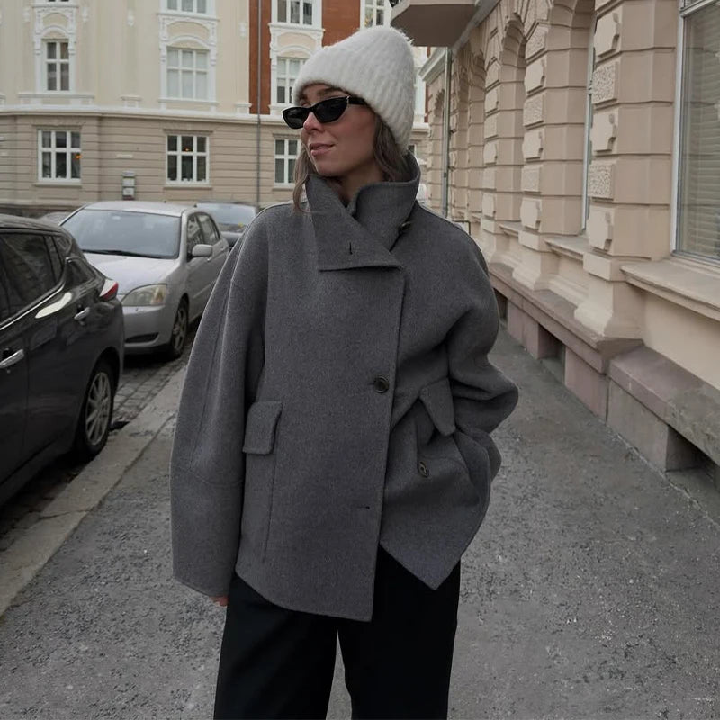 2025 Autumn Winter Stand Collar Coat Women Big Pockets Wool Blend Long Sleeve Single-breasted Thick Jacket Female Lady Outwears