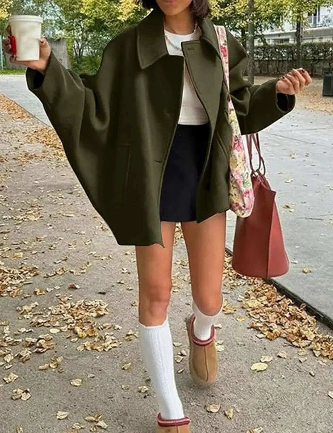 ZBZA Women's Oblique Button Loose Batwing Sleeve Jacket Coat Lapel Double Pocket Warm Solid Vintage Outerwear Fall Winter Coat