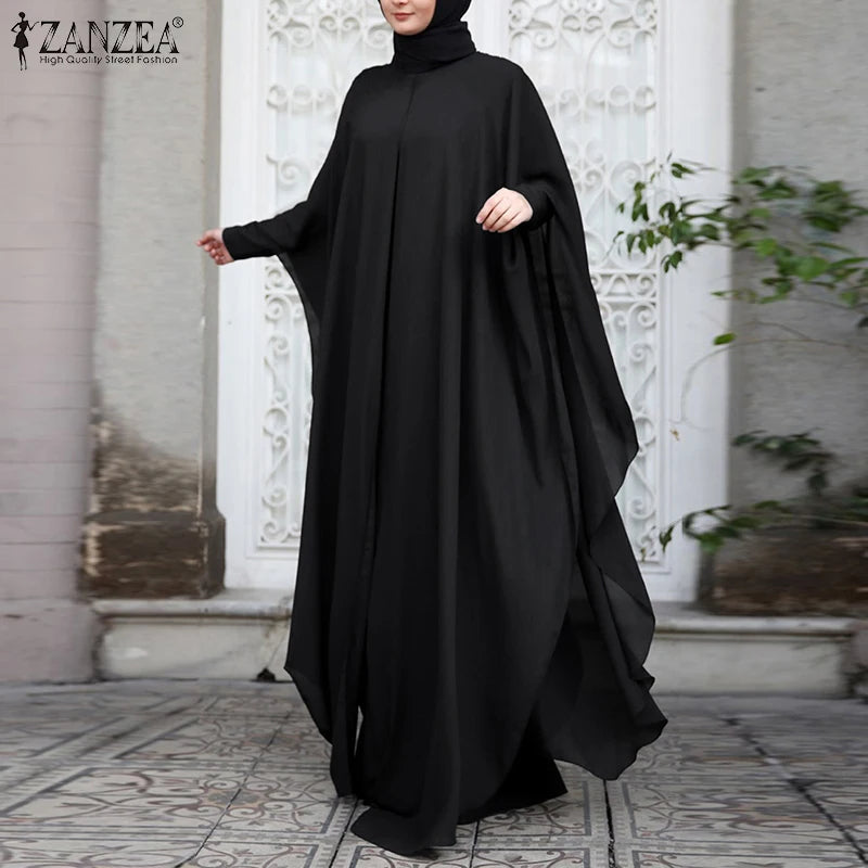 ZANZEA Women Chiffon Abaya Eid Mubarek Muslim Dresses Robe Long Sleeve Hijab Vestidos Fashion Abayas For Women Isamic Clothing