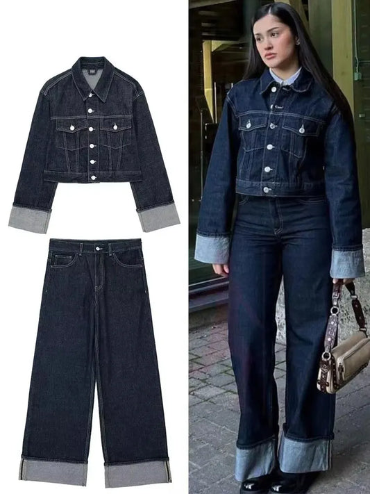 HH Women Vintage Denim Jacket Pant Sets Single Breasted Lapel Long Sleeve Coat Wide Leg Trousers Jeans High Street Outfits
