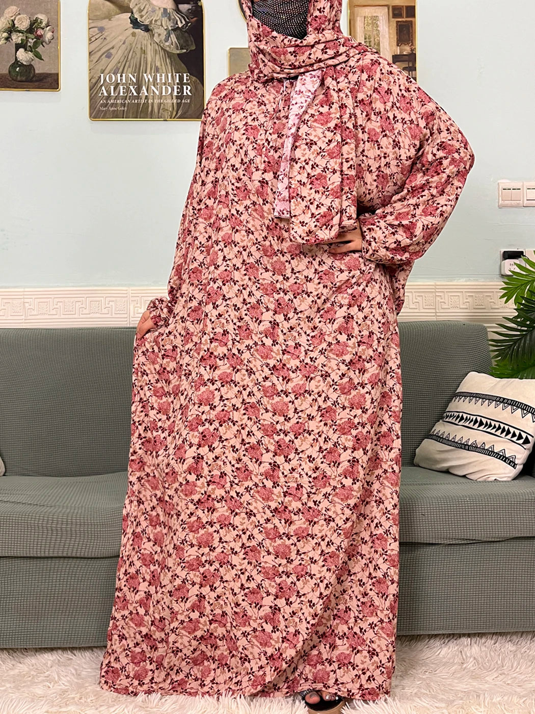 Muslim Cotton Abayas For Women Traditional Floral Ramadan Prayer Garment African Caftan Marocain Femme Robe Connected Headscarf