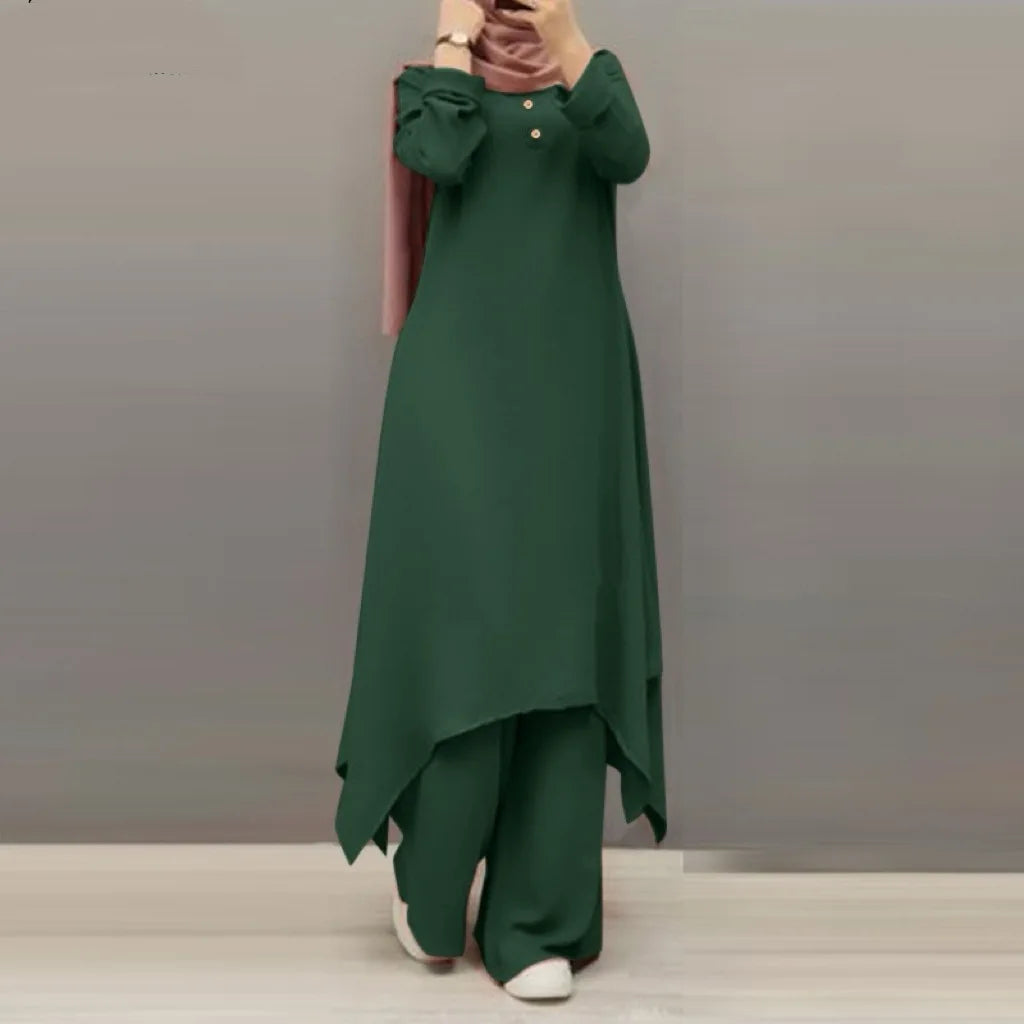 Eid Muslim Women Blouses Dress Wide Leg Pants Set 2 Piece Musulman Ensemble Dubai Casual Arab Ramadan Kaftan 2024 Outfit Suits