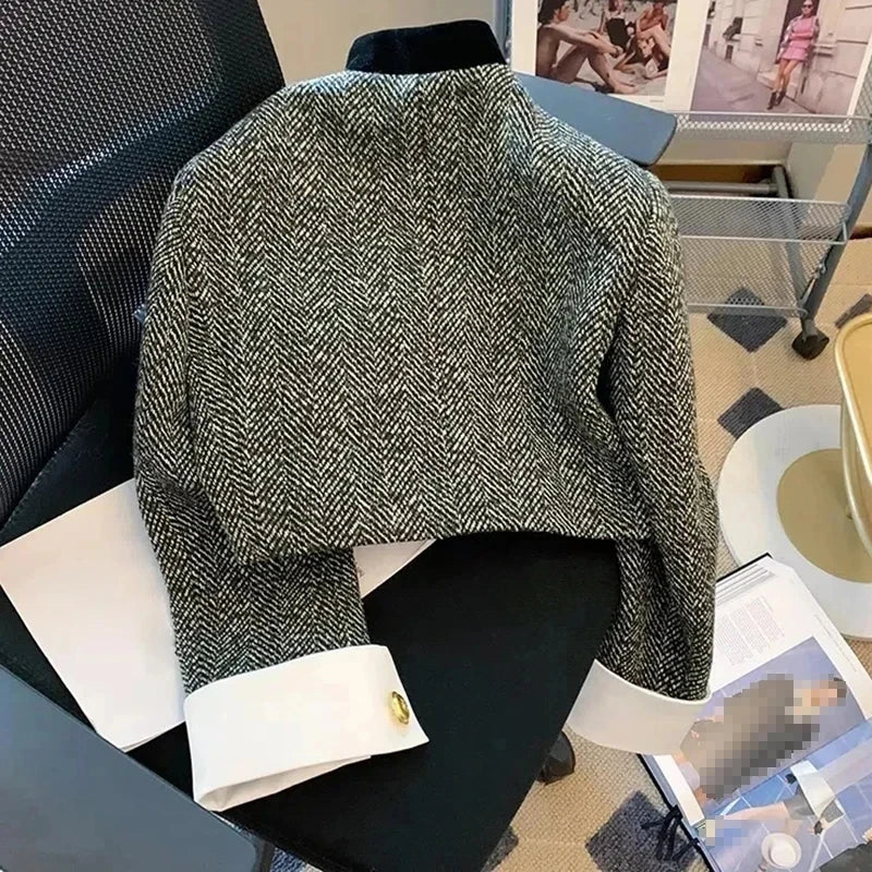 Fashion Metal Button Stand Collar  Short Jackets Women Korean Patchwork Plaid Coat 2025 Spring Long Sleeve Cropped Outwear