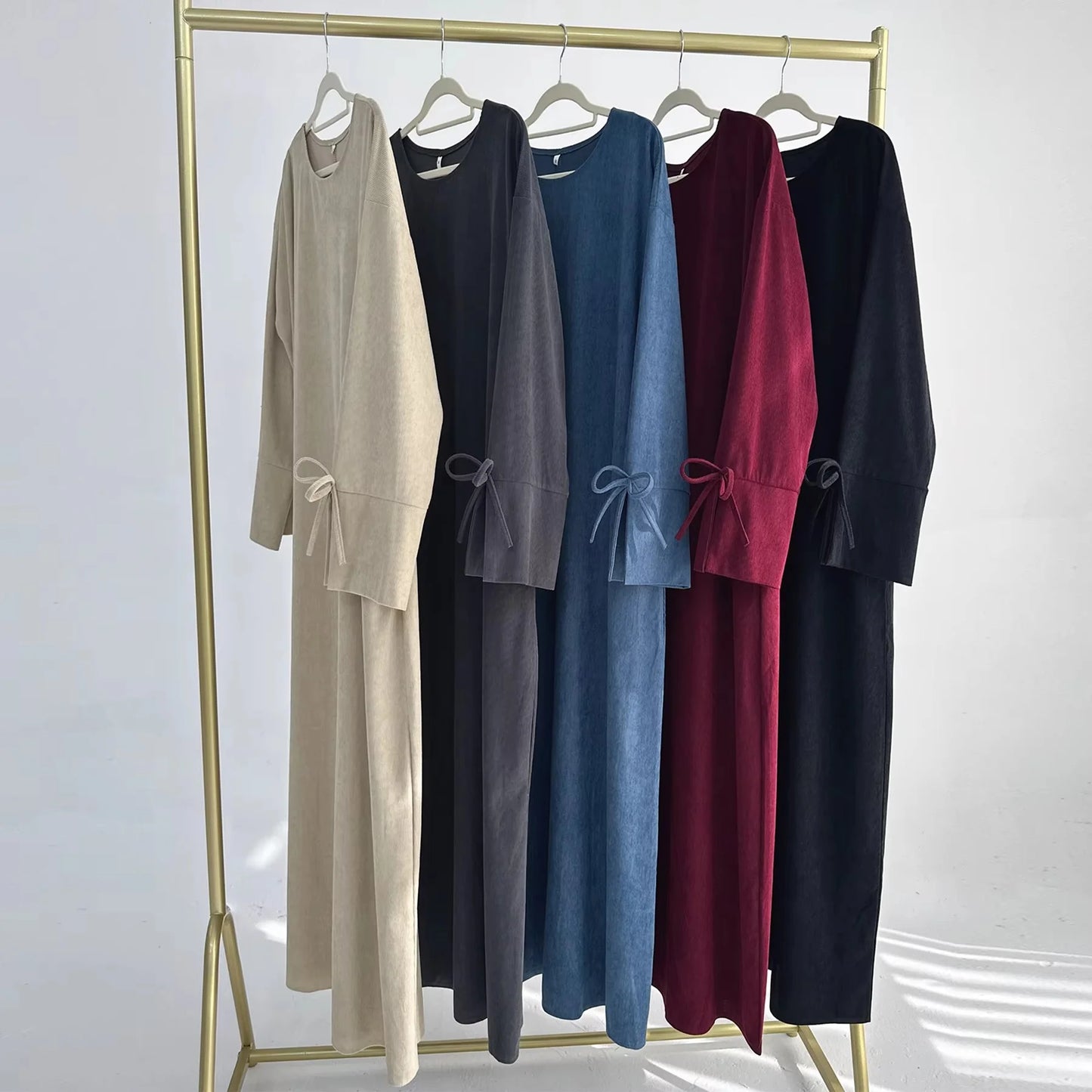 Winter Corduroy Bow Knot Sleeve Abaya Women Muslim Dress Modest Clothing Women Abaya Femmes Robe Musulmane Robes Prayer Clothes