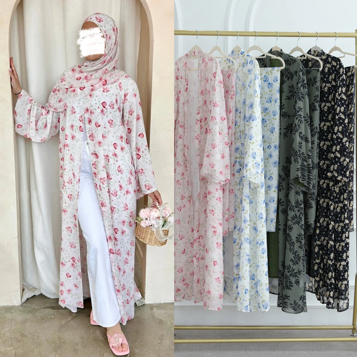Summer Ramadan Chiffon Modest Abaya Women Muslim Dress Two Pieces Set Front Open Printed Kimono Abaya With Matching Hijab Scarf