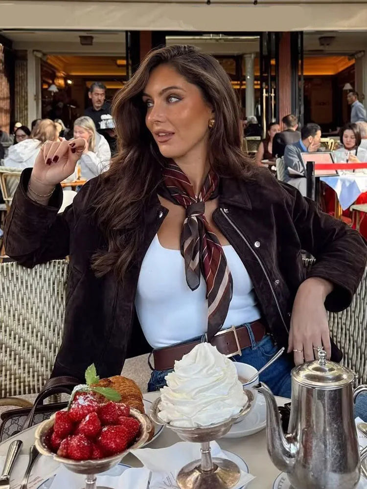 HH Women Autumn Fashion Versatile Suede Blend Lapel Long Sleeves Pockets Jacket Female Elegant High Street Zipper Slim Coats