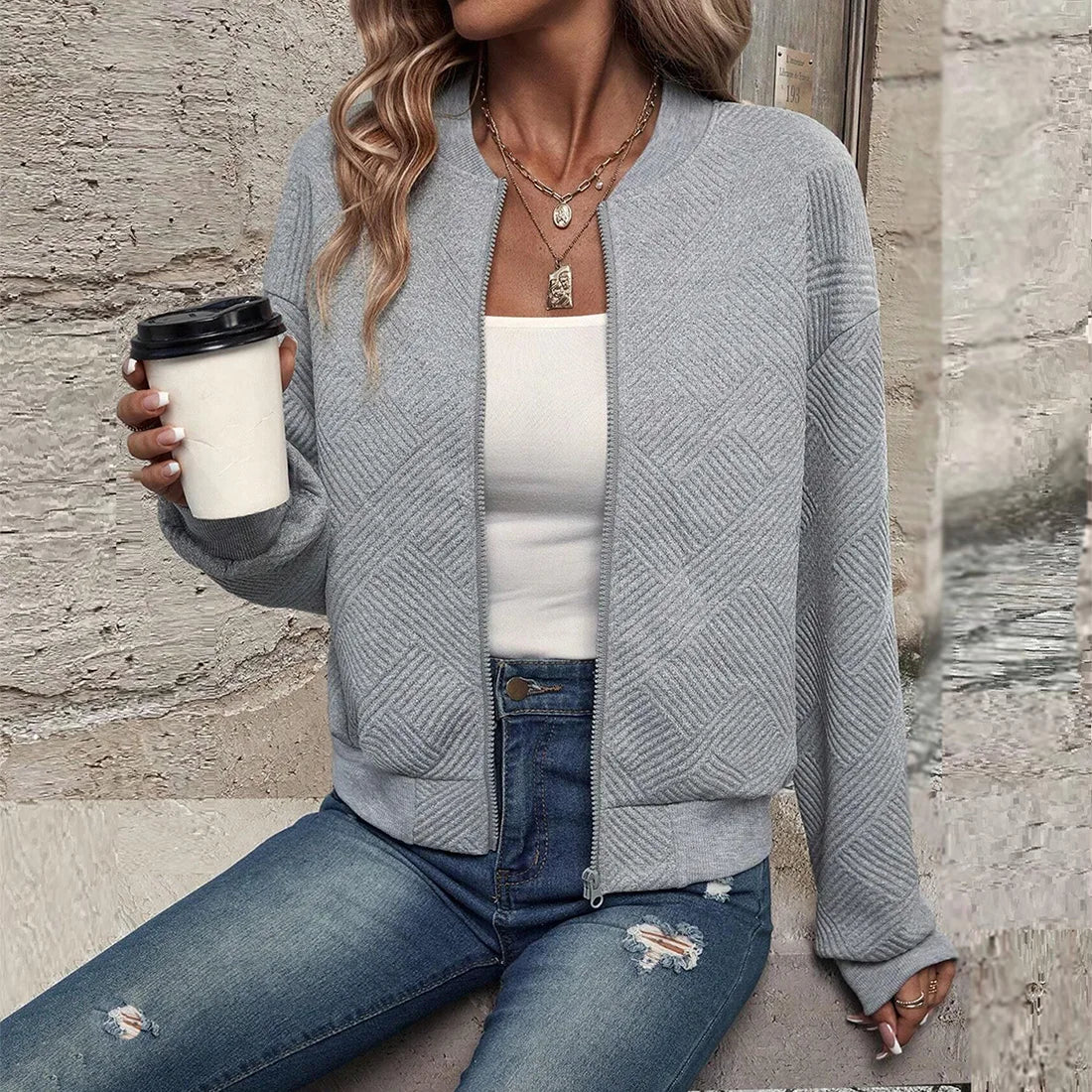 Women's autumn and winter new solid color simple and exquisite zipper jacket baseball collar casual jacket