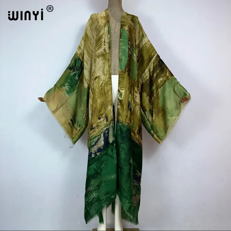 WINYI fashion Kimono Print coat Long Sleeve Cardigan abaya muslim woman Cover Up boho dress kaftan abaya dubai luxury caftan