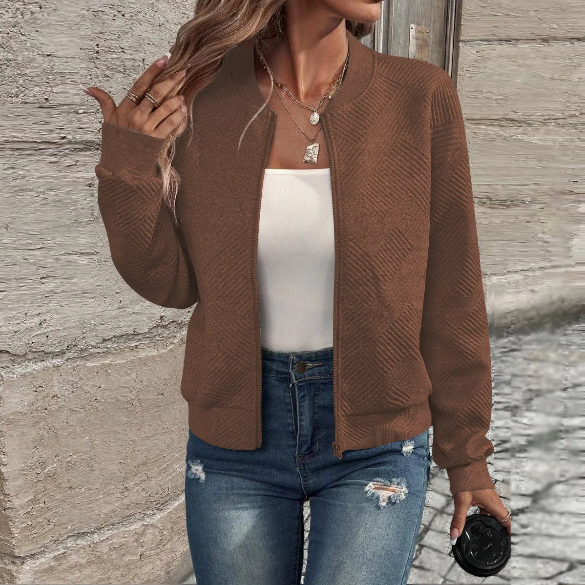 Women's autumn and winter new solid color simple and exquisite zipper jacket baseball collar casual jacket