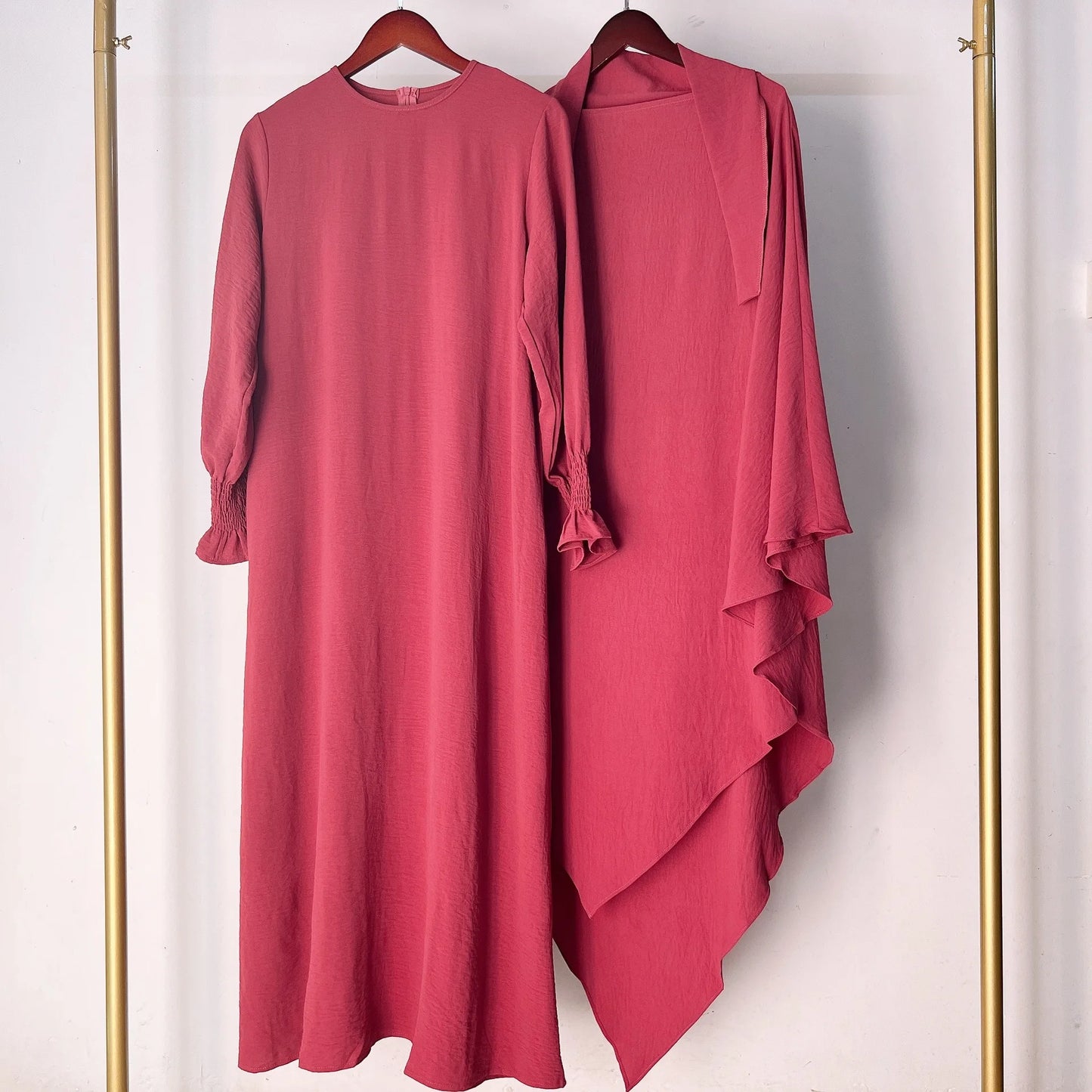 2 Pcs Muslim Set  New Sweet Solid Color Long Dress+Single Layer Shawl Suit  Abaya and Khimar Set Jilbab 2 Pcs Ramadan Long Hijab