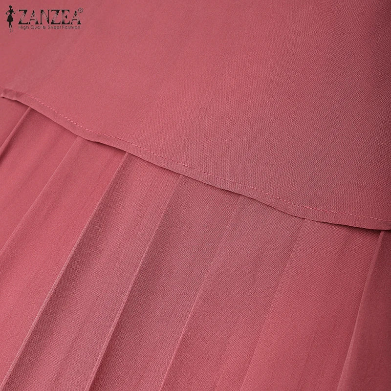Women Autumn Patchwork Dresses 2025 ZANZEA Muslim Abaya Robe Femme Elegant Long Sleeve Solid Pleated Sundress IsIamic Clothing